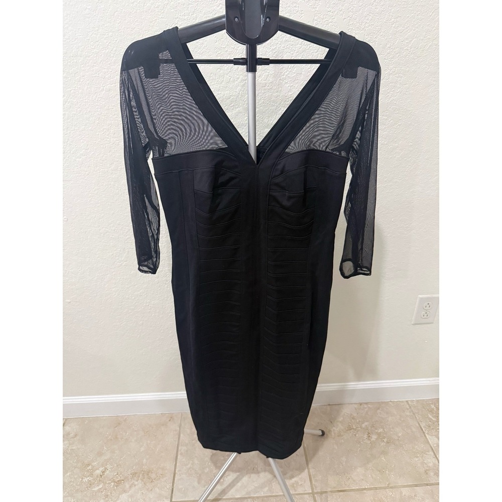 Tadashi Shoji Black Bandage Mesh Sheer Sleeve V-Neck Cocktail Dress L Glamour‎